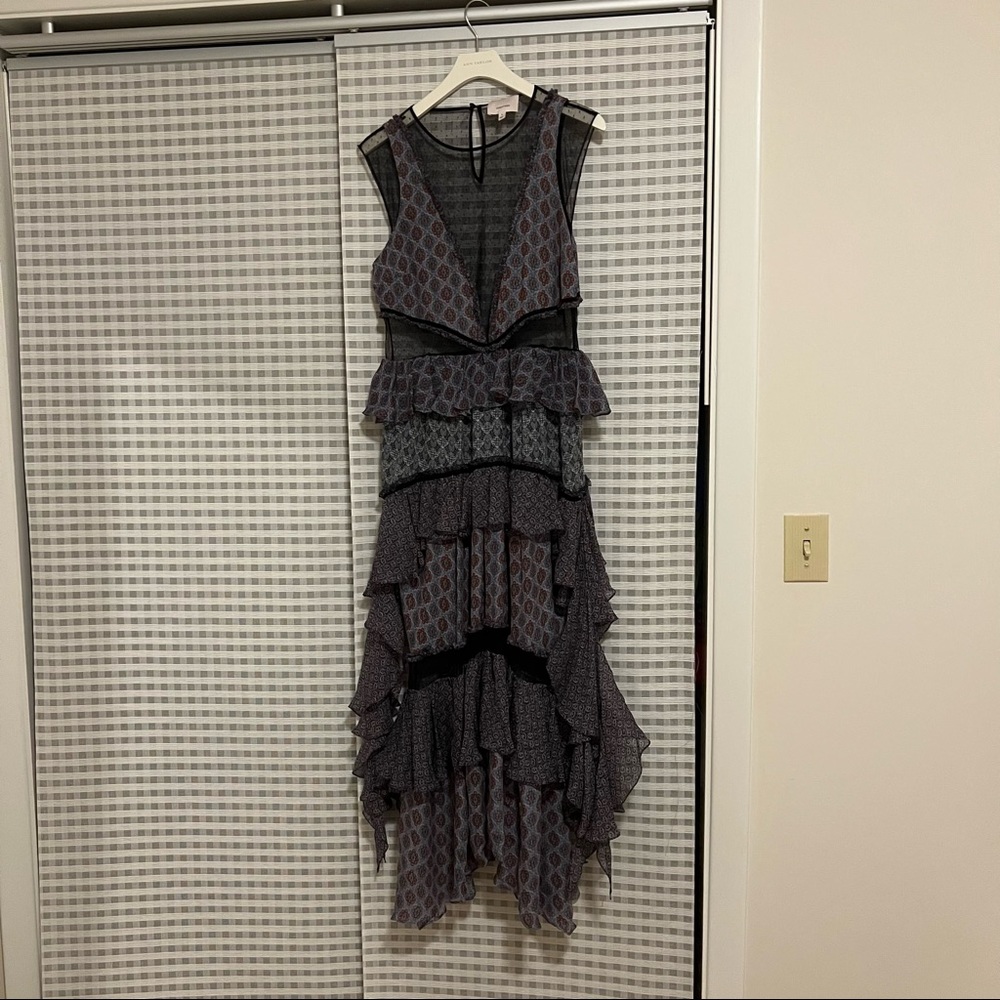CINQ A SEPT Silk Mesh Tiered Ruffle Midi Dress